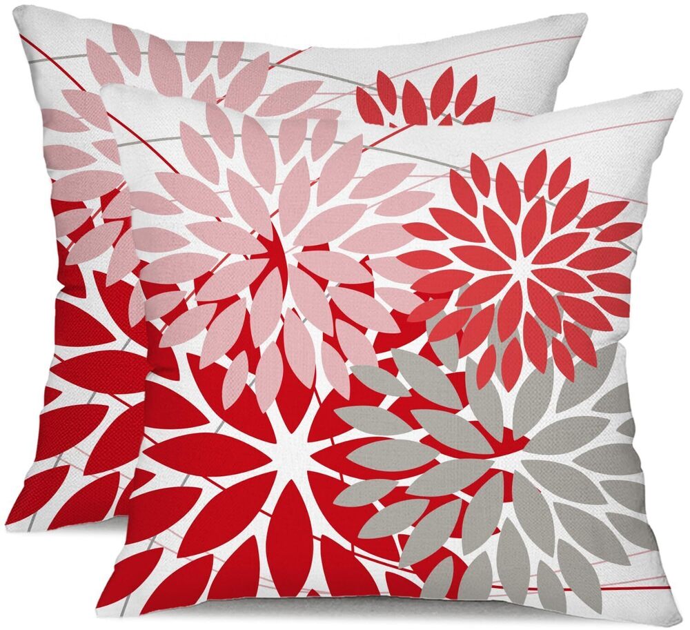 2072 Outdoor Pillow Covers 16x16 Inch Set of 2 Pink Red Grey Flower